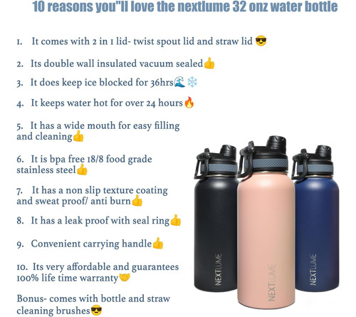 Botella De Agua Con Aislamiento Nextlume De 32 Oz Con Pajita