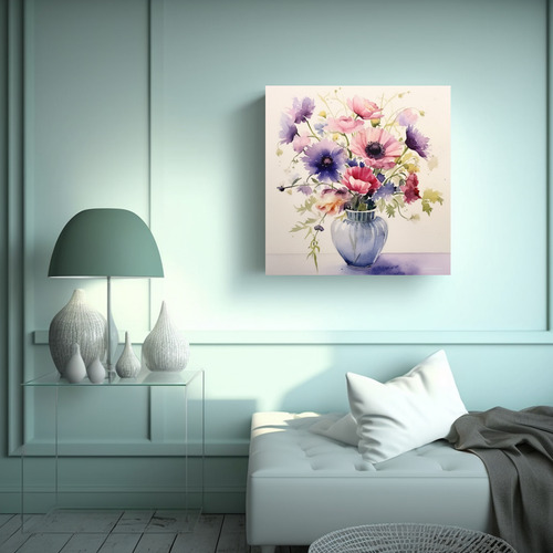 Cuadro De Flores En Jarrón - Pintura Acuarela Rosada 40x40c