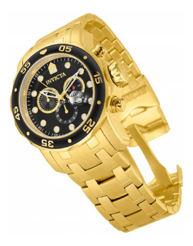 Relógio de pulso Invicta Pro Diver 0072 com corpo ouro,  analógico, para masculino, fundo  preto, com correia de aço inoxidável cor ouro, agulhas cor ouro, branco e vermelho, subdials de cor branco e ouro, subesferas cor preto e ouro, ponteiro de minutos/segundos cinza, bisel cor preto e ouro e dobrável