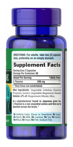 Imagen 2 de 3 de Suplemento en cápsulas Puritan's Pride L-Theanine aminoácidos en botella de 6g 60 un