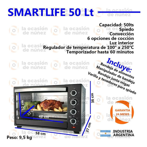 Imagen 2 de 8 de Horno Electrico Smartlife 50 Lts Conveccion Spiedo Luz