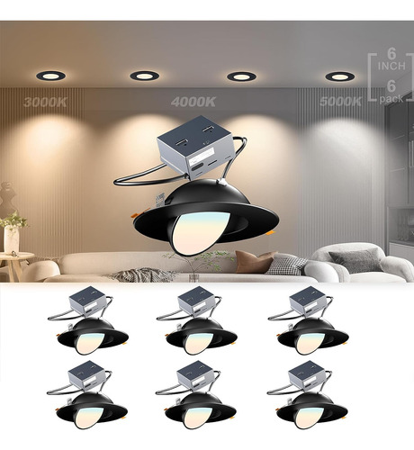 6 Pack Gimbal Recessed Lighting 6 Inch, Adjustable Angled 6i