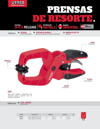 Prensa Plástica 2 Resorte Sistema Matraca Quick Urrea Pres2