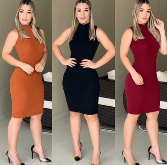 vestido midi gola alta canelado