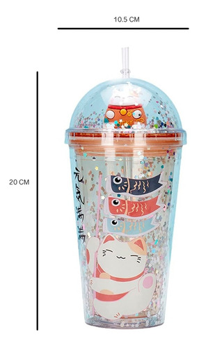Termo Contenedor Botella Agua Gato Japones Con Popote 450ml