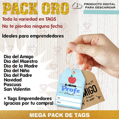 Kit Imprimible Tags Etiquetas Emprendedor Mega Pack Oro