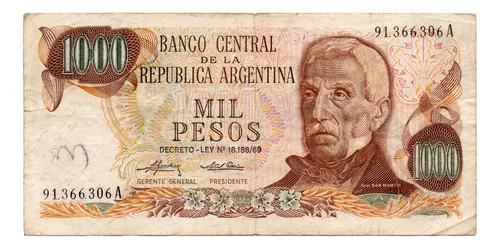Billete 1000 Pesos Ley, Bottero 2438, Año 1975 Bueno