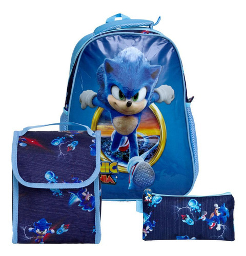 Mochila Infantil Masculina Sonic Costa Lancheira Estojo Azul