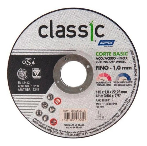 Disco Corte Classic Basic 115mm X 1mm X 22,23mm Norton