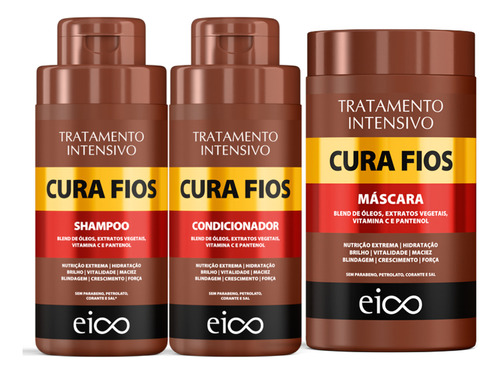 Eico Cosméticos Cura Fios Shampoo Sem Sal E Condicionador Leave-in 450ml + Máscara Creme Hidratação 1kg Fortalecimento Crescimento Capilar