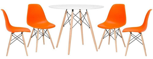 Kit Jantar Cozinha Eames Wood Mesa 90 Cm  4 Cadeiras Dsw Tampa Mesa Branco Com Cadeiras Laranja