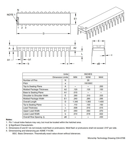 Microcontrolador Microchip PIC16F886-i/SP Dip-28