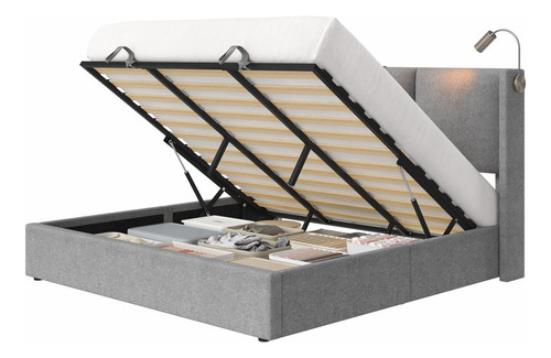 Bed Frame King Size Con 2 Luces De Lectura Color Gris
