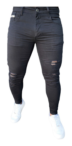 Calça Jeans Skinny Preta Destroyed Rasgada Masculina