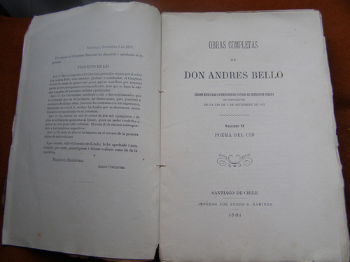 Poema Del Cid .obras C. De Andres Bello , 1881 Libro Intonso