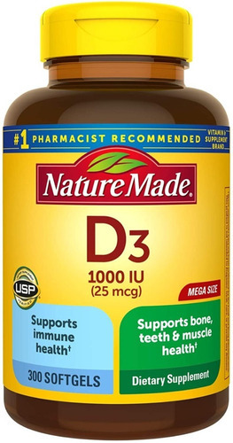 Vitamina D3 1000iu 25 Mcg Nature Made 300 Tabletas Sabor Sin sabor