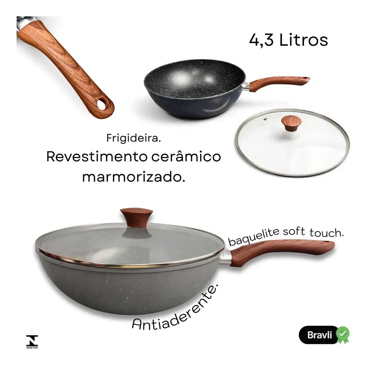 Frigideira Wok Grande De Cerâmica Antiaderente Com  Tampa Cabo Não Aquece 28cm E 4,3L Não Gruda - Bravli