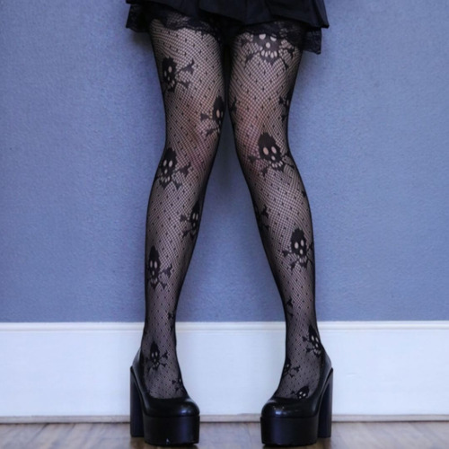 Medias Pantimedias De Red Con Calaveras Lolita Kawaii Negro Unitalla
