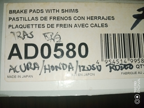Pastilla De Freno Ad0580/ Acura-honda-izusu-rodeo/trasera