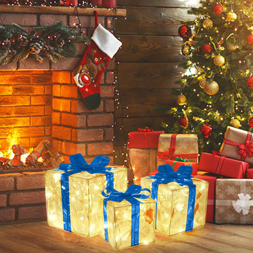 Caja De Regalo De 3 Piezas Con Luces Led, Decoración Navideñ