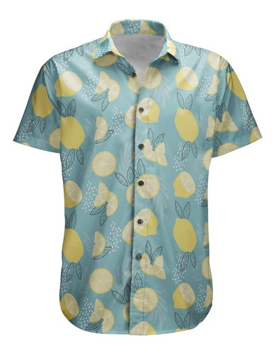 Camisa Botão Frutas Tropical Fruit Limão Floral Vintage 