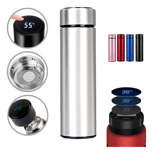 Garrafa Térmica Em Aço Inox Temperatura Digital Led 500ml Cor Prateado
