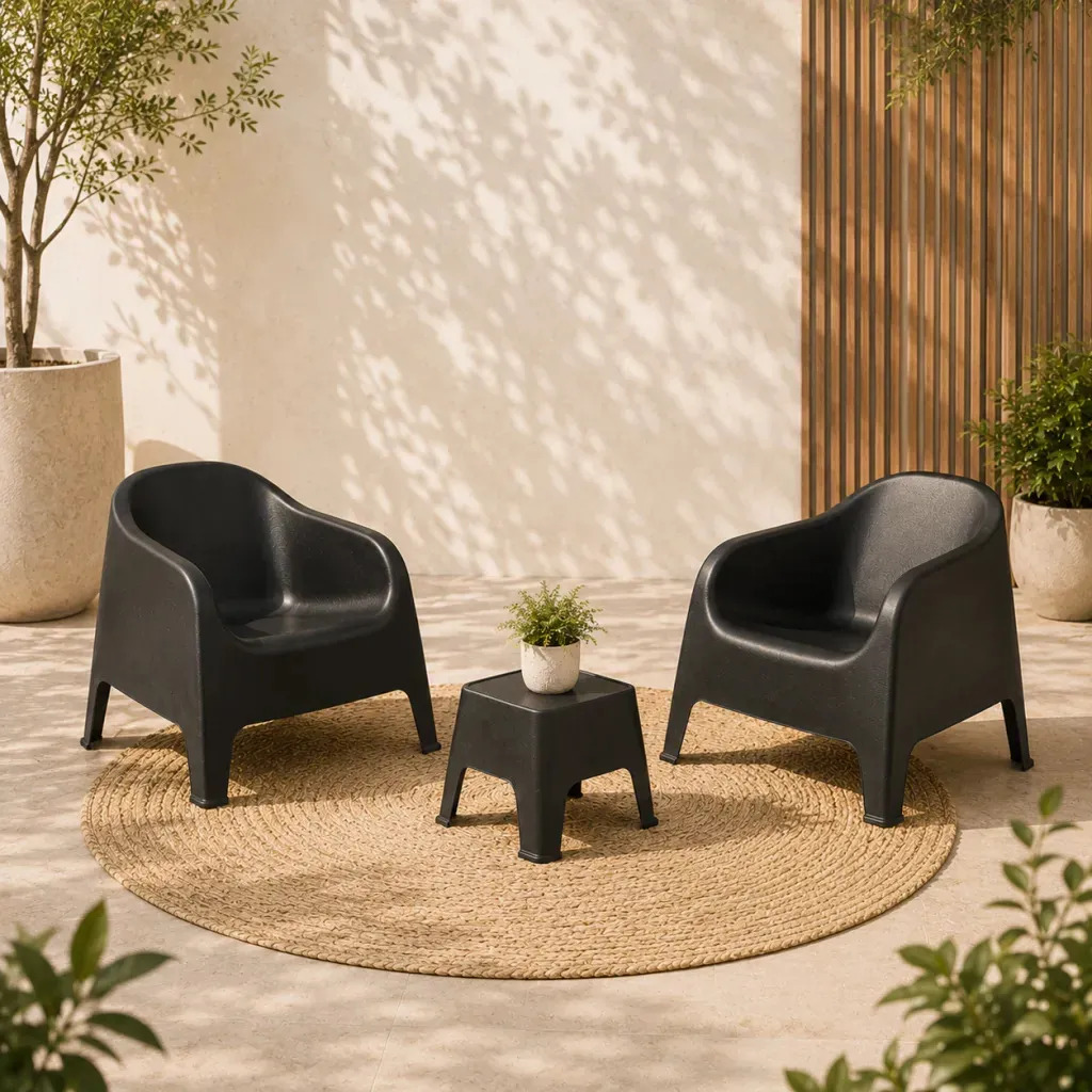 Sillon Plastico Exterior Jardin Apilable X2 + Mesa Ratona Sunset Color Negro Gardenlife