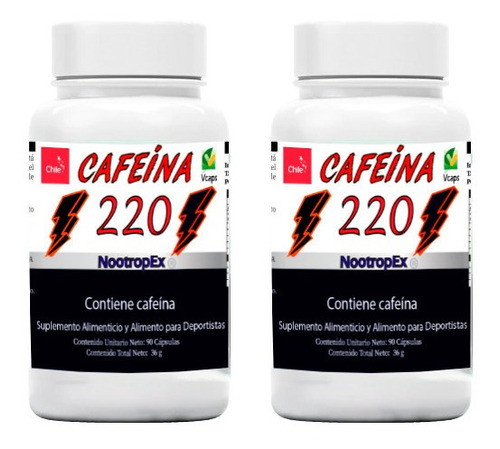 Cafeína 220 Mg 90 Cápsulas Vegetales X 2 Frascos 