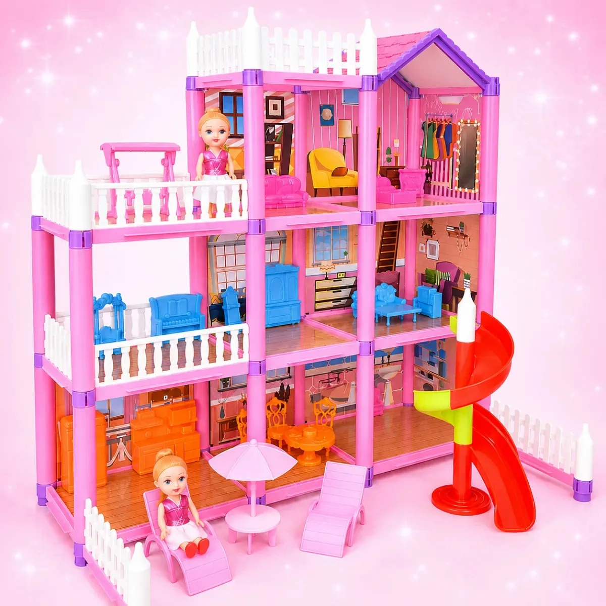 Casa de Boneca Kit Casinha Princesa Com 174 Peças Escorregador 2 Bonecas 3 Andares Brinquedo De Montar Para Meninas GIO GIU