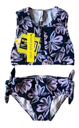 Malla Bikini Surf Niña Uv Upf50+ Top Cierre + Bombi Flores