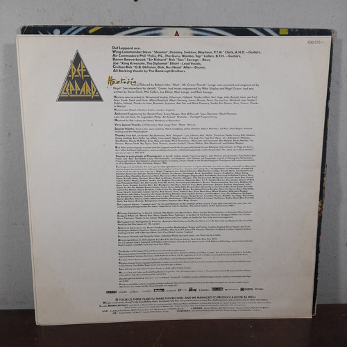 Imagem 4 de 8 de Vinil Lp Def Leppard Hysteria Com Encarte Bom Estado