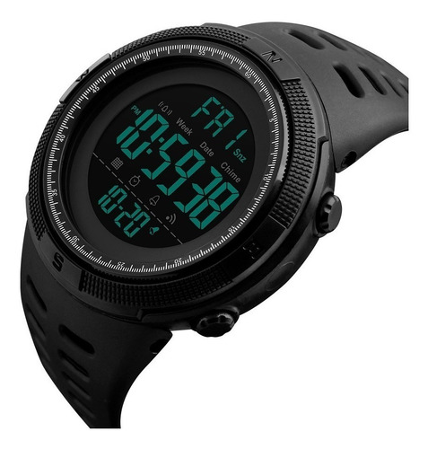 Reloj pulsera Skmei 1251 de cuerpo color negro, digital, para hombre, fondo negro, con correa de poliuretano color negro, dial gris, minutero/segundero blanco y negro, bisel color negro, luz verde y hebilla doble