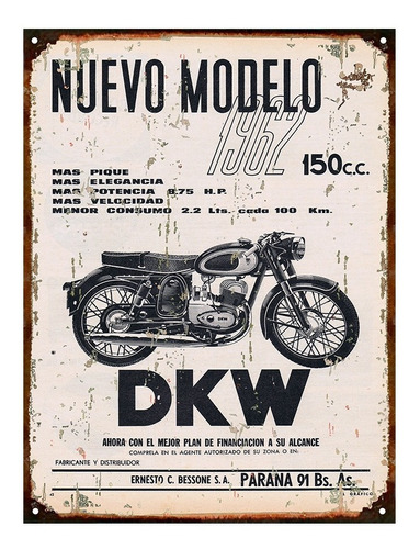 Cartel De Chapa Publicidad Antigua Dkw 150cc Y288