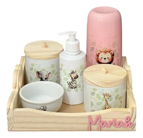 Kit Higiene  Bebê Porcelana Safari Bandeja Nome Personalizado