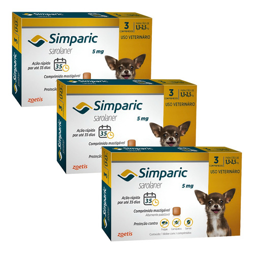 Kit Simparic 3 Cx. 3 Comp. 5 Mg Cães 1,3 Kg - 2,5 Kg
