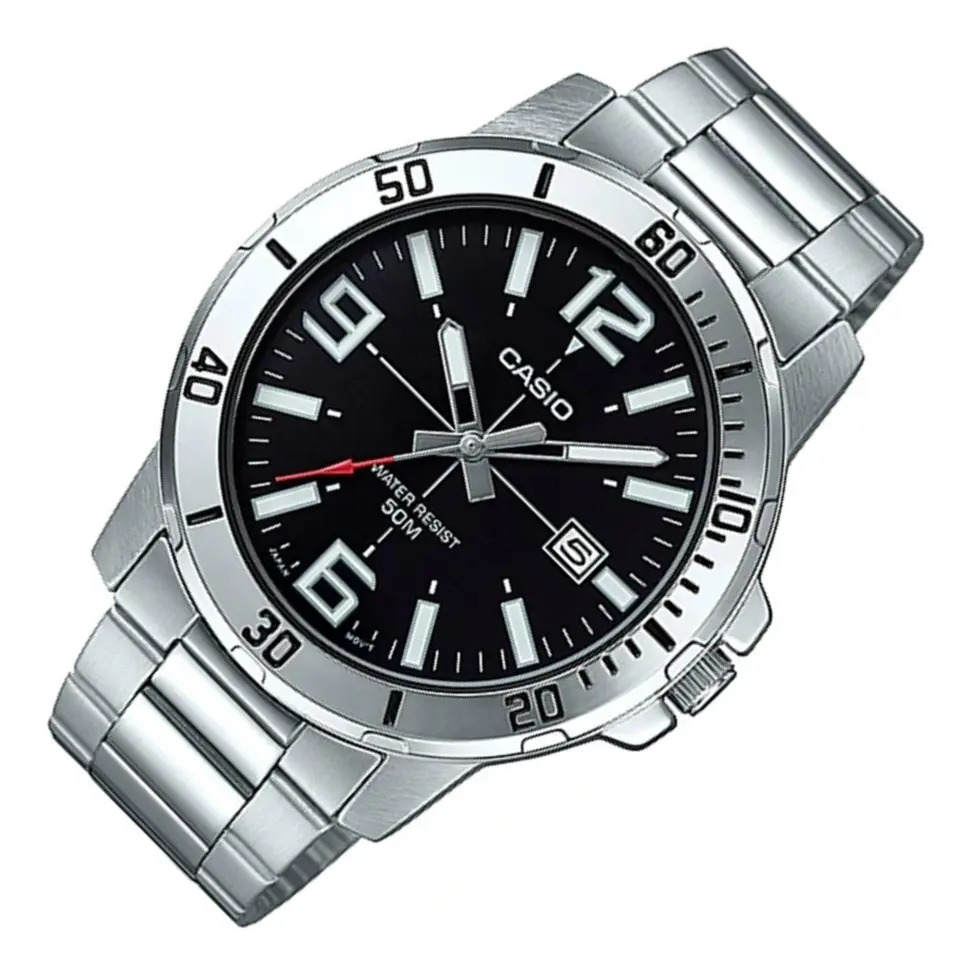 Reloj Casio Hombre Mtp-vd01d, 50m, Fechador, Correa Plateado Bisel Plateado Fondo Negro