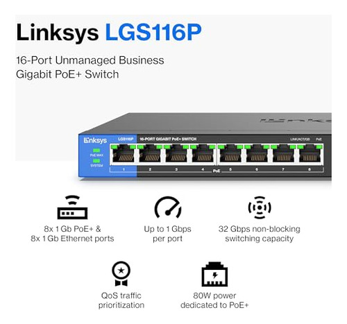 Linksys Lgs116p: Switch Poe+ 16 Puertos Para Negocios