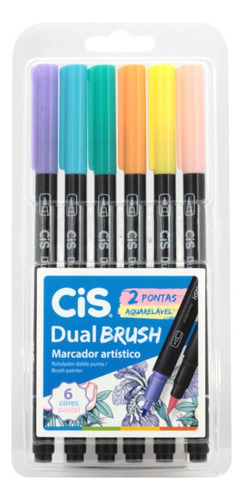 Caneta Pincel Dual Brush Aquarelável 6 Cores Pastel Cis