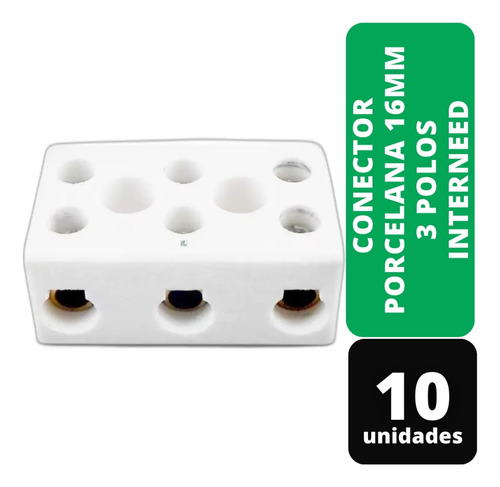 Kit C/ 10 Conector Porcelana 16mm 3 Polos Interneed