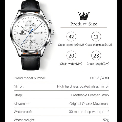 Olevs Reloj Cronógrafo De Cuero Impermeable Para Hombre