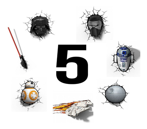 Kit 5 Luminárias Star Wars 3d - Darth, Kylo, Bb8 E Muito+