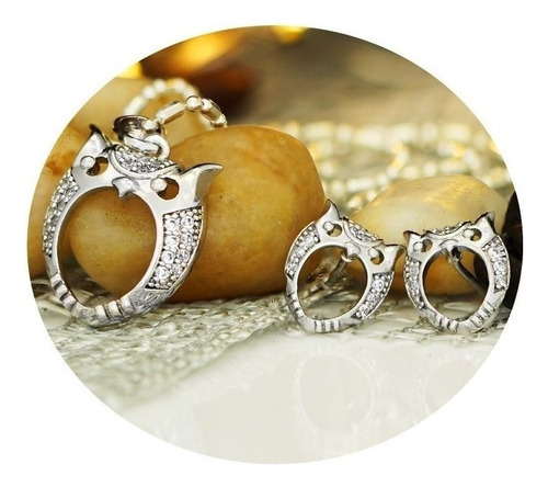 Set Pendientes Dije Luminoso Búho Sabiduría Oro Blanco 18k  