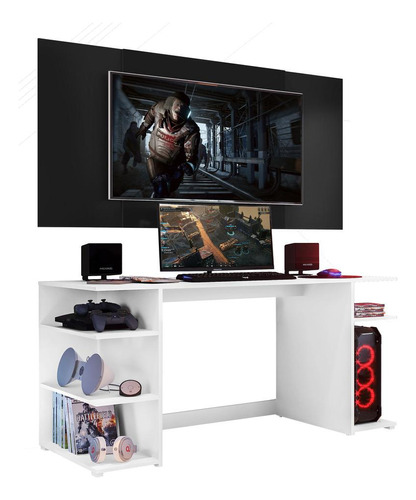 Mesa Gamer Com Painel E Sup Tv 55 Guilda Multimóveis V3590 Cor Branco/Preto