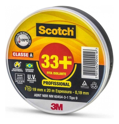 Fita Isolante 19mm X 20mt 33+ Scoth 3m Preta