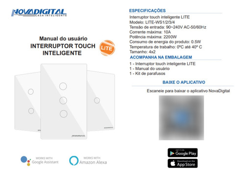 Interruptor Touch Alexa 3 Botões Wifi Chave Botão Liga Luz