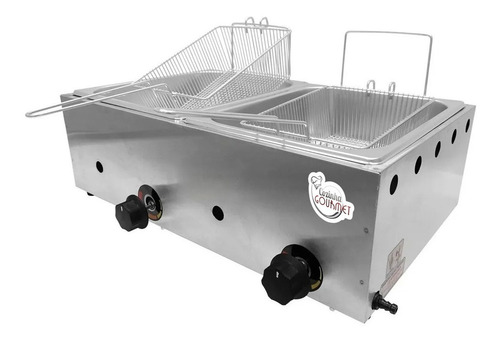 Fritadeira Inox À Gás 2 Cubas 10 Lts Salgado Batata Frituras Frequência Fritador Pasteleiro a Gás 10 Litros 2 Cubas Inox Semi Profissional A Gás (Botijão)