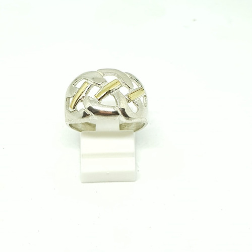 Anillo De Plata Con Aplique De Oro Calado Mujer Moderno R148