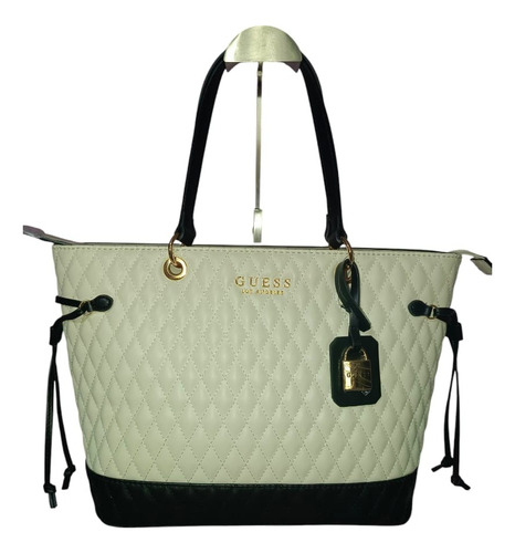 Bolsa Guess Tote, Blanco Con Negro, Original Milk Blanco Lisa Oro Negro