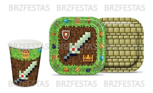 16 Pratos + 16 Copos * Kit Decoração Festa Mini Pixels 