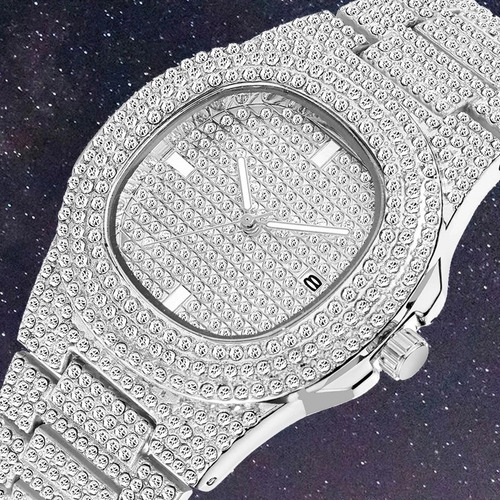 Moda Iced Out Reloj Hombres Diamante Acero Reloj